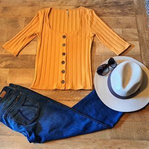 Free People Central Park Golden Yellow 3/4 Sleeve Cardigan Sweater